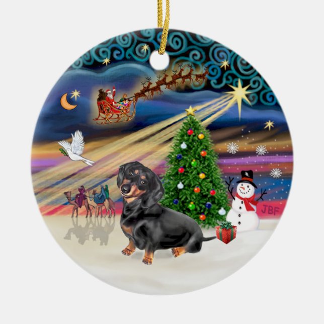 Xmas Magic - Dachshund (black-tan 4) Ceramic Tree Decoration (Front)