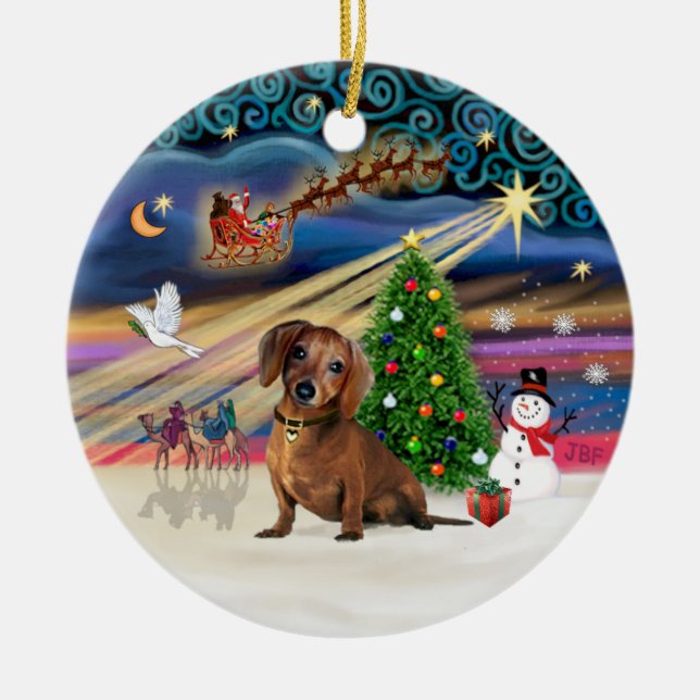 Xmas Magic - Dachshund (brown 2) Ceramic Tree Decoration (Front)