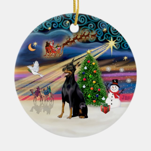 Xmas Magic - Doberman (black-tan) Ceramic Tree Decoration (Front)