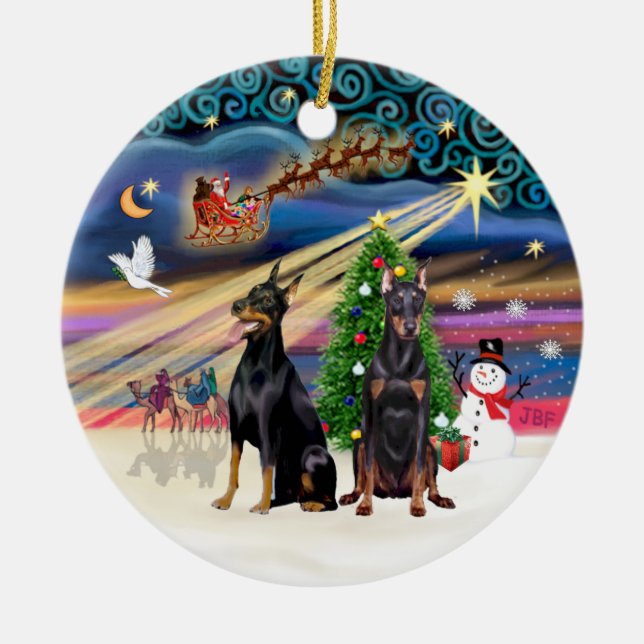 Xmas Magic - Dobermans (two) Ceramic Tree Decoration (Front)