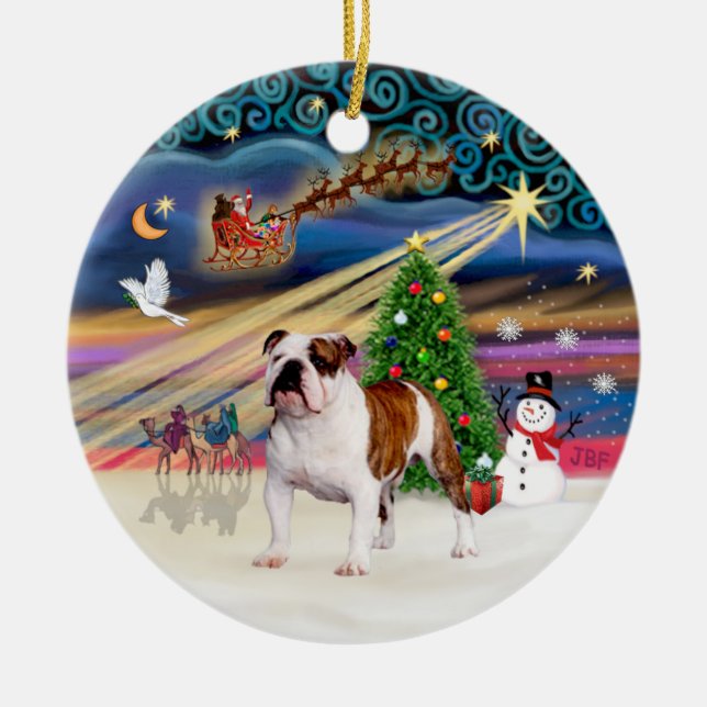 Xmas Magic - English Bulldog (brown-white 5) Ceramic Tree Decoration (Front)