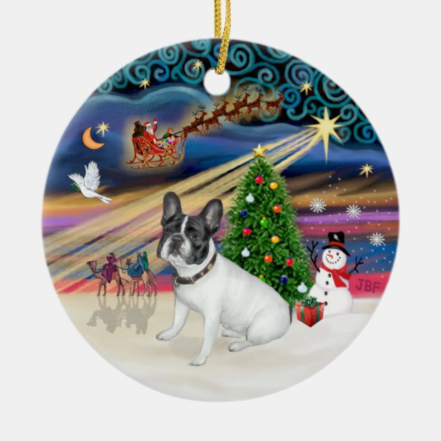 Xmas Magic - French Bulldog (white-black) Ceramic Tree Decoration (Front)