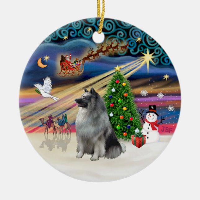 Xmas Magic - Keeshond Ceramic Tree Decoration (Front)