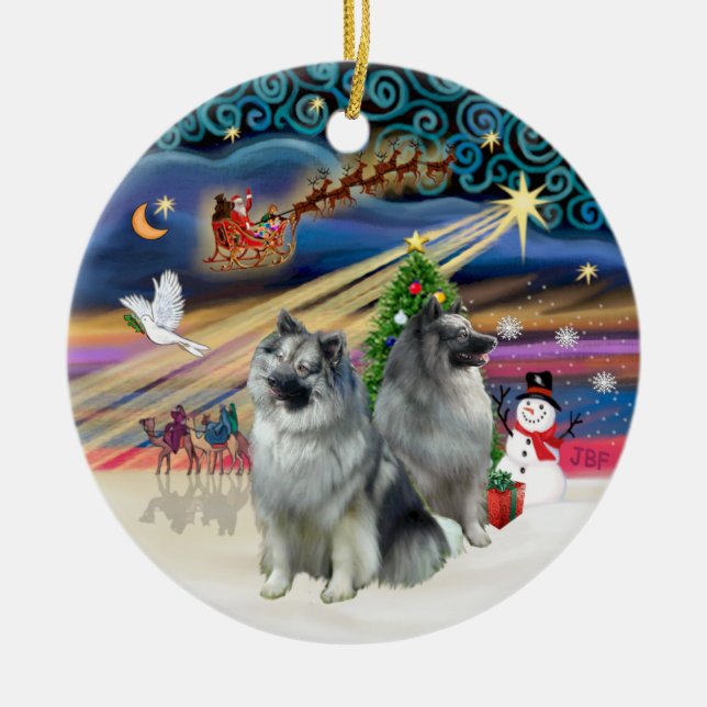 Xmas Magic - Keeshond (two) Ceramic Tree Decoration (Front)