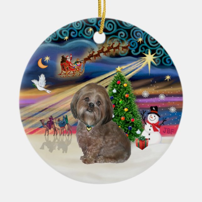 Xmas Magic - Lhasa Apso (brown) Ceramic Tree Decoration (Front)