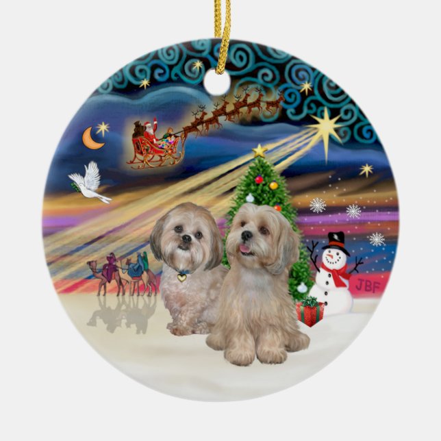 Xmas Magic - Lhasa Apsos (two-R-L) Ceramic Tree Decoration (Front)