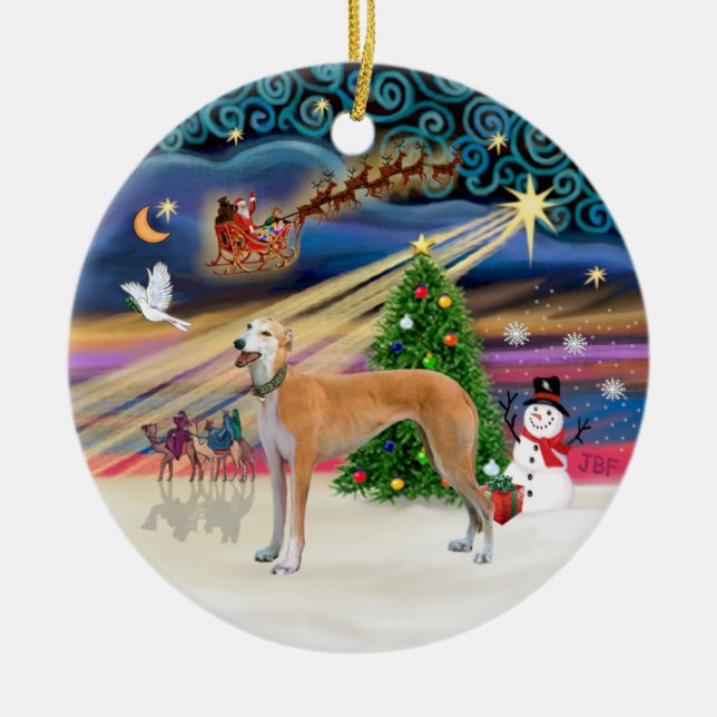 Xmas Magic - Light red Greyhound Ceramic Tree Decoration (Front)