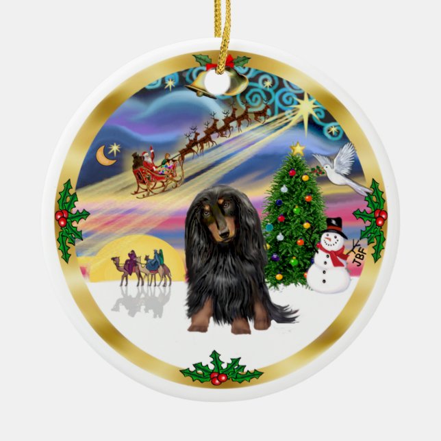 Xmas Magic - Long Haired (BT) Dachshund Ceramic Tree Decoration (Front)