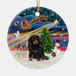 Xmas Magic - Long Haired Dachshund (Black-Tan) Ceramic Tree Decoration