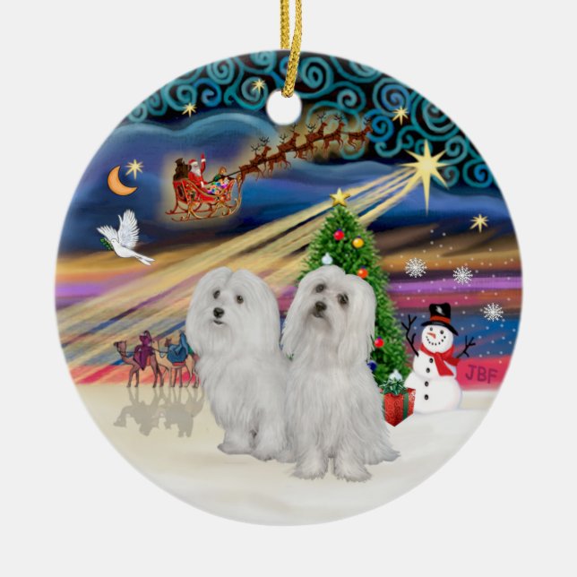 Xmas Magic - Maltese (TWO) Ceramic Tree Decoration (Front)