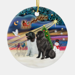Xmas Magic - Newfoundlands (TWO-LdS+Black) Ceramic Tree Decoration