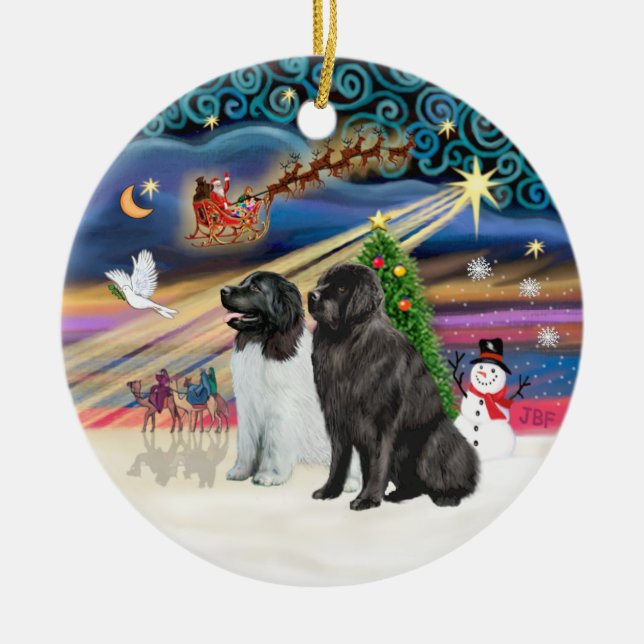 Xmas Magic - Newfoundlands (TWO-LdS+Black) Ceramic Tree Decoration (Front)