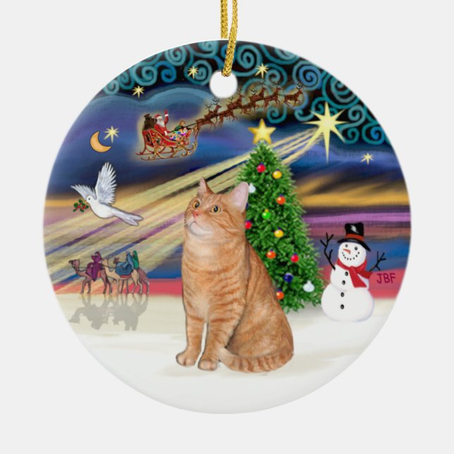 Xmas Magic - Orange tabby cat 40 Ceramic Tree Decoration (Front)