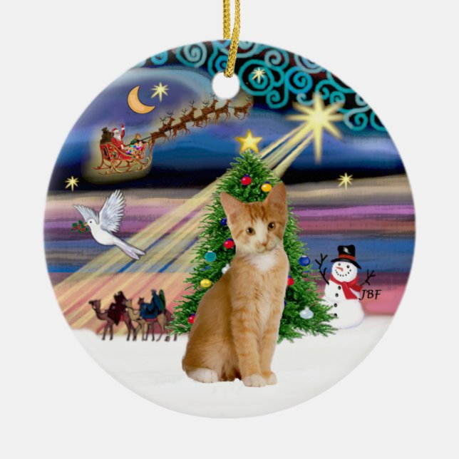 Xmas Magic - Orange - white tabby cat 40 Ceramic Tree Decoration (Front)