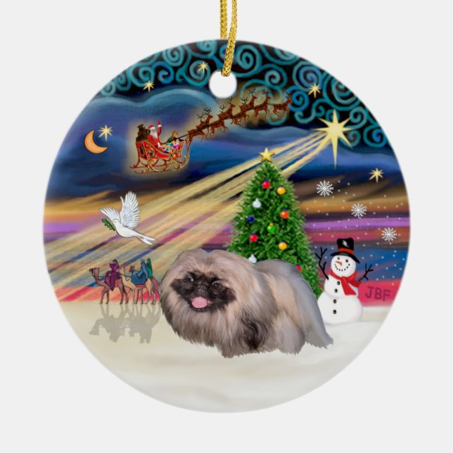 Xmas Magic - Pekingese (sable-black mask) Ceramic Tree Decoration (Front)