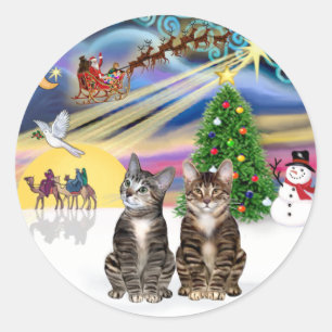 Xmas Magic (R) - Two Brown Tabby cats Classic Round Sticker