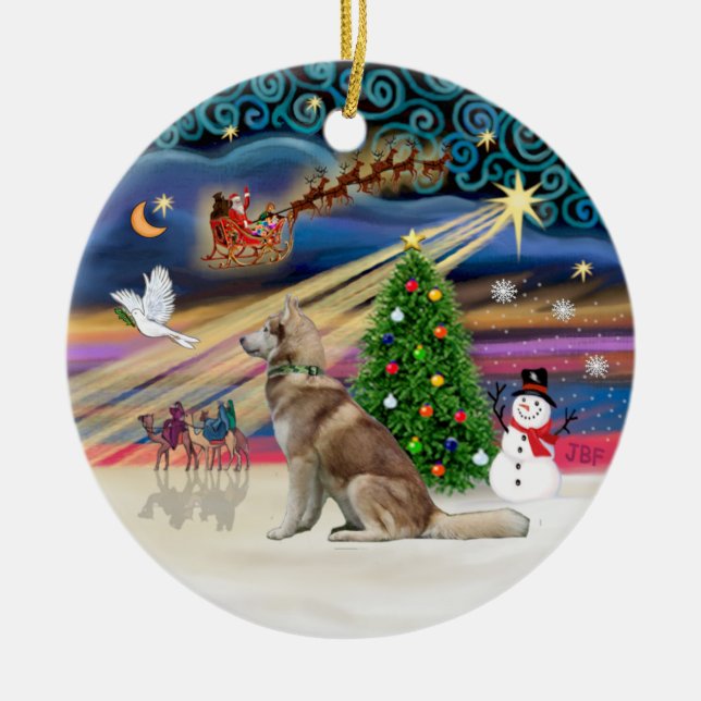 Xmas Magic - Red Siberian Husky Ceramic Tree Decoration (Front)