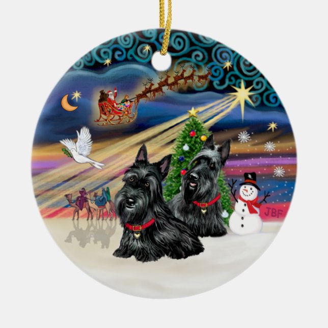 Xmas Magic - Scotties (TWO) Ceramic Tree Decoration (Front)