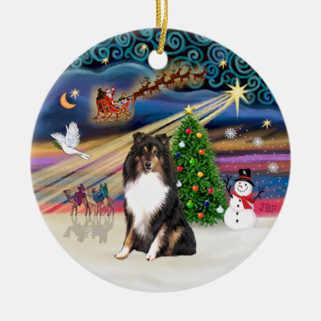 Xmas Magic - Shetland Sheepdog (tri) Ceramic Tree Decoration (Front)