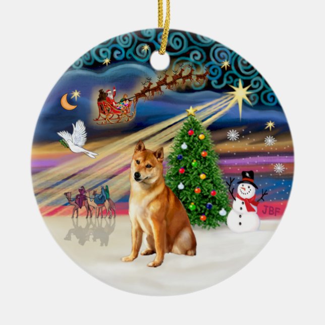 Xmas Magic -  Shiba Inu 7 Ceramic Tree Decoration (Front)