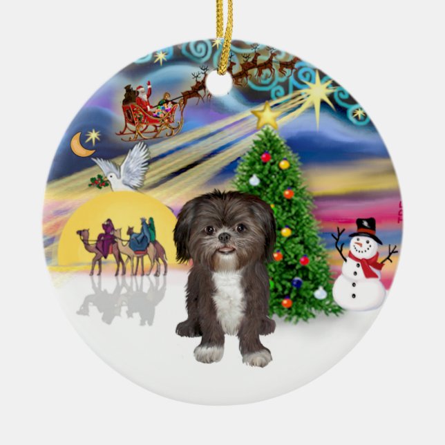 Xmas Magic - Shih Tzu (brown/white) Ceramic Tree Decoration (Front)
