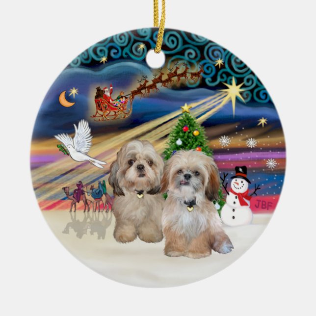 Xmas Magic - Shih Tzu (TWO - P+Y) Ceramic Tree Decoration (Front)
