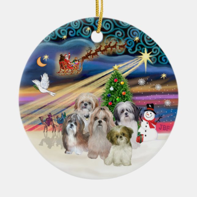 Xmas Magic - Shih Tzus (FIVE) Ceramic Tree Decoration (Front)