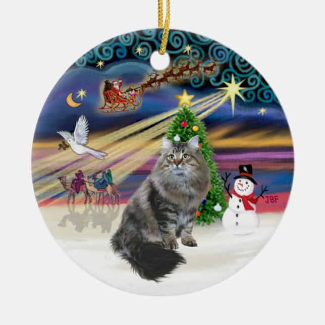 Xmas Magic - Siberian Cat Ceramic Tree Decoration (Front)