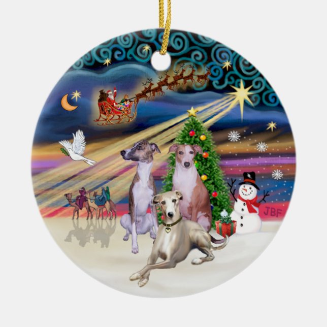 Xmas Magic - Three Whippets Ceramic Tree Decoration (Front)