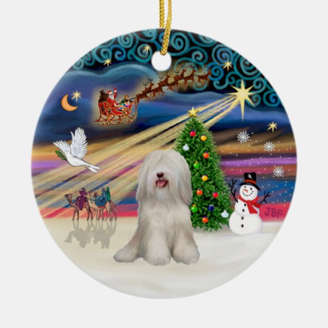 Xmas Magic - Tibetan Terrier (white) Ceramic Tree Decoration (Front)