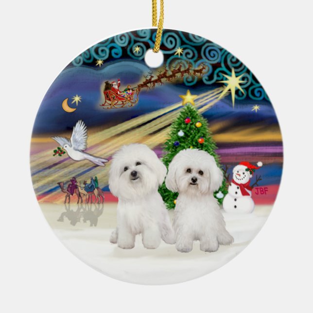 Xmas Magic - Two Bichon Frise Ceramic Tree Decoration (Front)