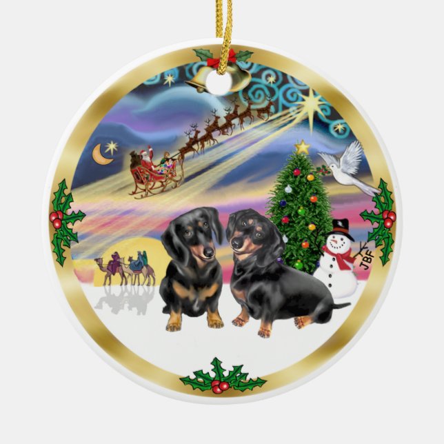 Xmas Magic - Two Black Dachshunds Ceramic Tree Decoration (Front)