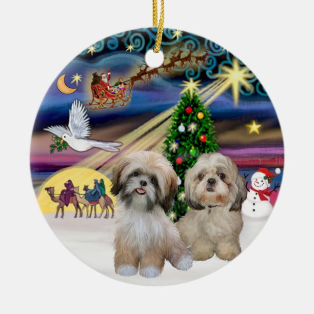 Xmas Magic - Two Shih Tzus (P2+Y) Ceramic Tree Decoration (Front)