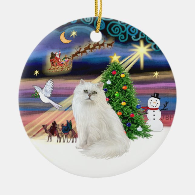 Xmas Magic - White Persian cat Ceramic Tree Decoration (Front)