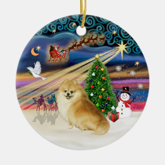 Xmas Magic - Wolf Sable Pomeranian Ceramic Tree Decoration (Front)