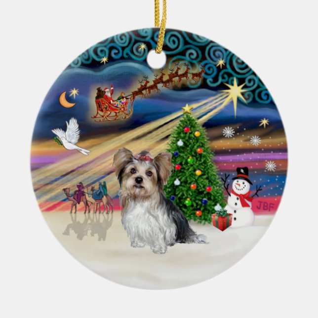 Xmas Magic - Yorkie (Biewer) Ceramic Tree Decoration (Front)