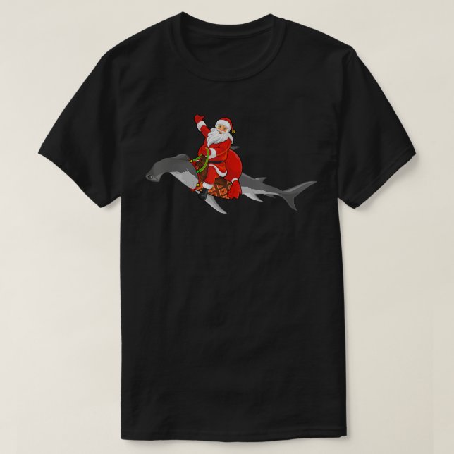 Xmas Matching Funny Santa Riding Hammerhead Shark  T-Shirt (Design Front)