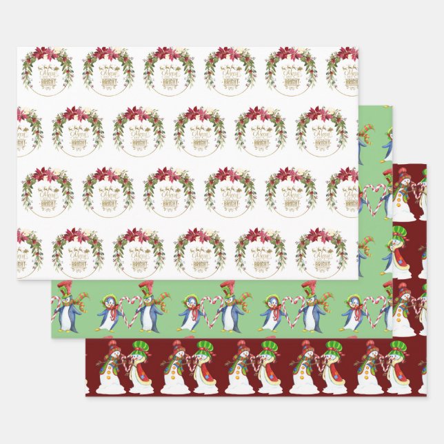 Xmas Merry And Bright Mrs. and Mr. Snowman Penguin Wrapping Paper Sheet (Set)