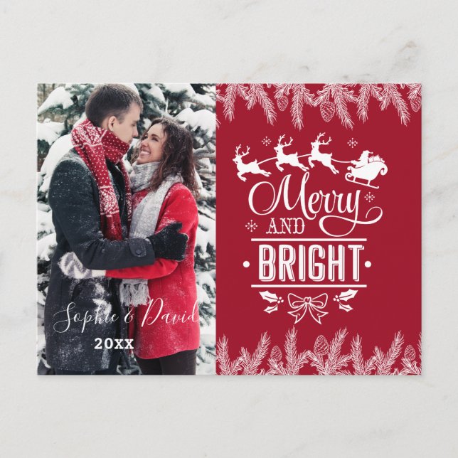 Xmas Merry and Bright Script Gold Pine Photo Invitation Postcard (Front)