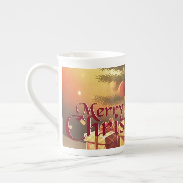 Xmas Motif, with Presents Under the Christmas Tree Bone China Mug (Left)