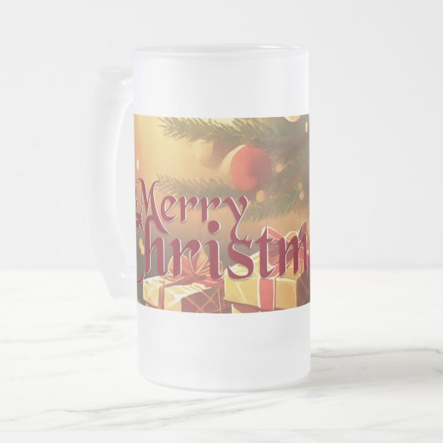 Xmas Motif, with Presents Under the Christmas Tree Frosted Glass Beer Mug (Front Left)