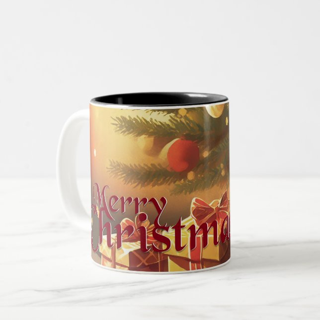 Xmas Motif, with Presents Under the Christmas Tree Two-Tone Coffee Mug (Front Left)