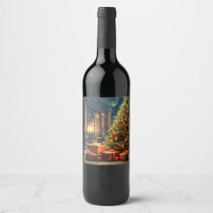 Xmas Motif with Presents Under the Christmas Tree  Wine Label