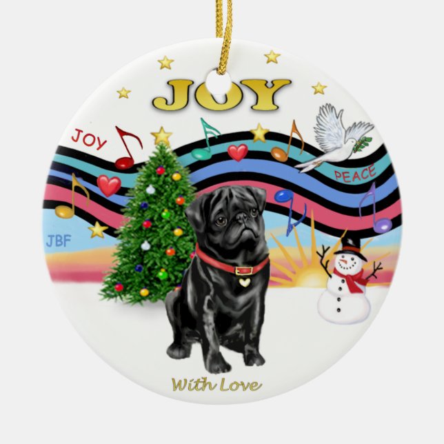 Xmas Music 1 - Black Pug Ceramic Tree Decoration (Front)