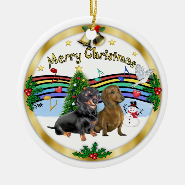 Xmas Music 1 - Two Dachshunds Ceramic Tree Decoration (Front)