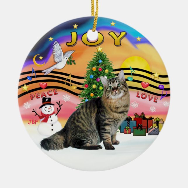 Xmas Music #2 - Bob Tail Tabby Cat Ceramic Tree Decoration (Front)