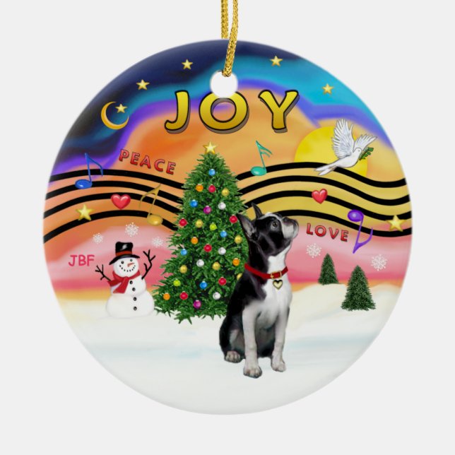 Xmas Music 2 - Boston Terrier Ceramic Tree Decoration (Front)