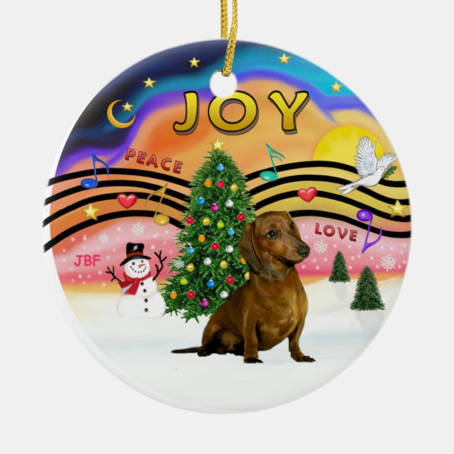 Xmas Music 2 - Dachshund (brown) Ceramic Tree Decoration (Front)