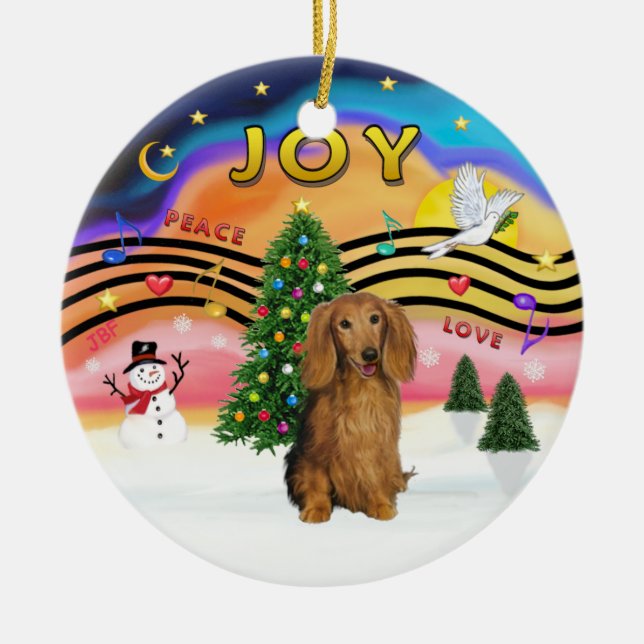 Xmas Music 2 - Dachshund (lg H, sable) Ceramic Tree Decoration (Front)
