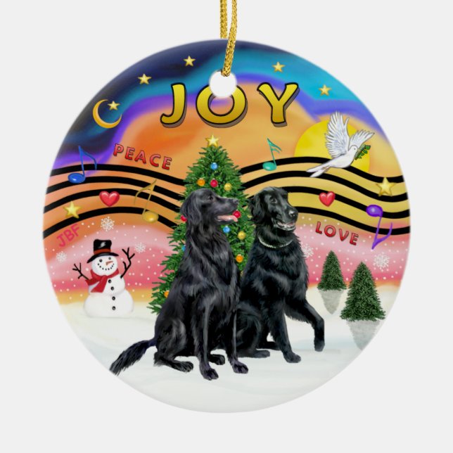 Xmas Music 2 - Flat Coated Retrievers (TWO) Ceramic Tree Decoration (Front)